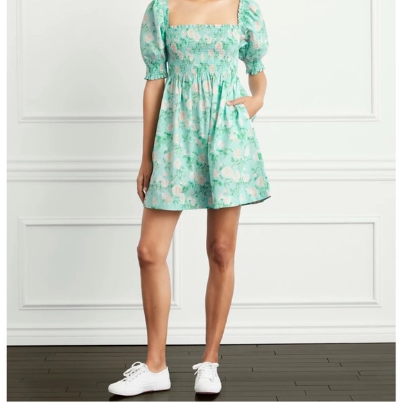 Hill House Athena Nap Dress Mini Puff Sleeve in Blue Roses Size M - Picture 3 of 14